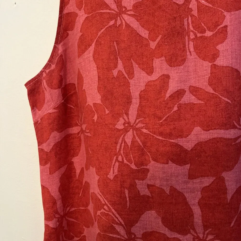 Garnet Hill 100% Linen Fringe Hem A-Line Dress, Pink & Red Hibiscus Floral- Sz 8 - Picture 6 of 9